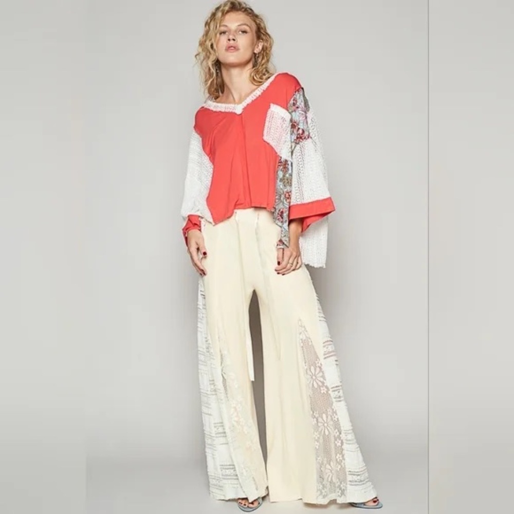 POL Coral & Floral Oversized Boho Patchwork Top / L